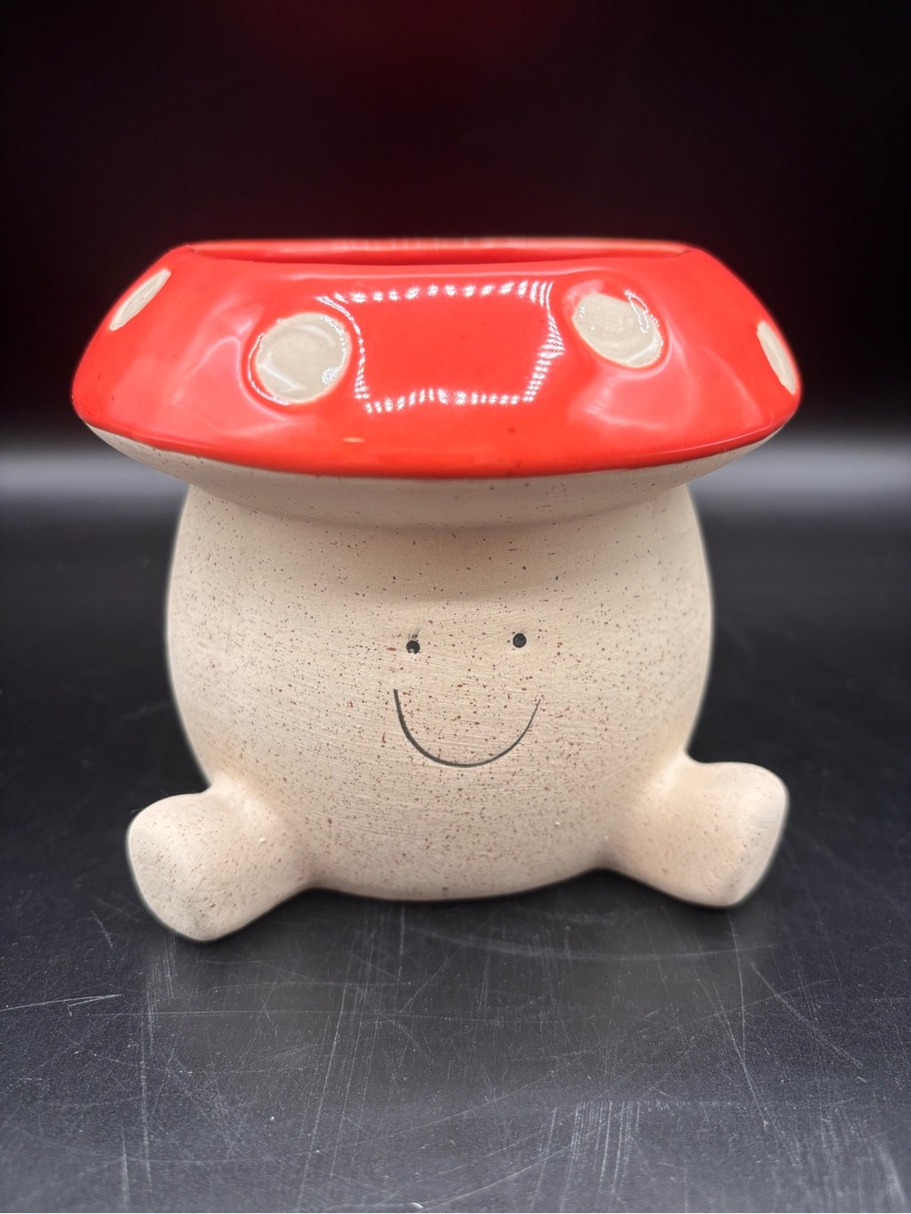 NWT Belavi Aldi Planter Ceramic  Mushroom Shaped Spring 2025 Red Smiling Cartoon